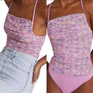Free People Intimates Purple butterfly print ruched scrunch bodysuit XS